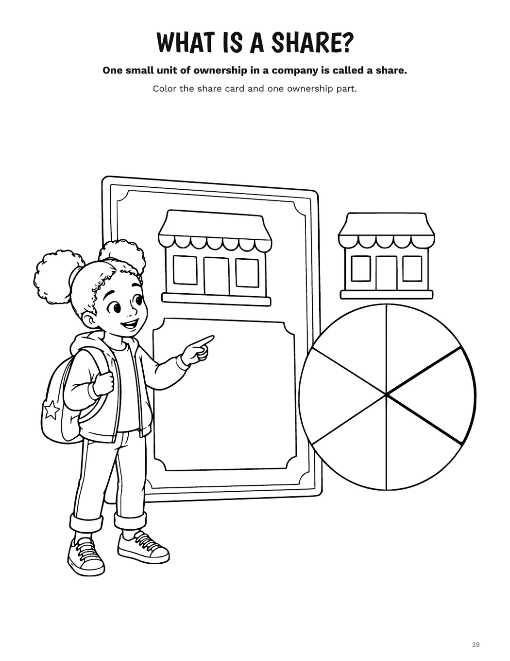 Coloring page explaining that a share is one unit of ownership
