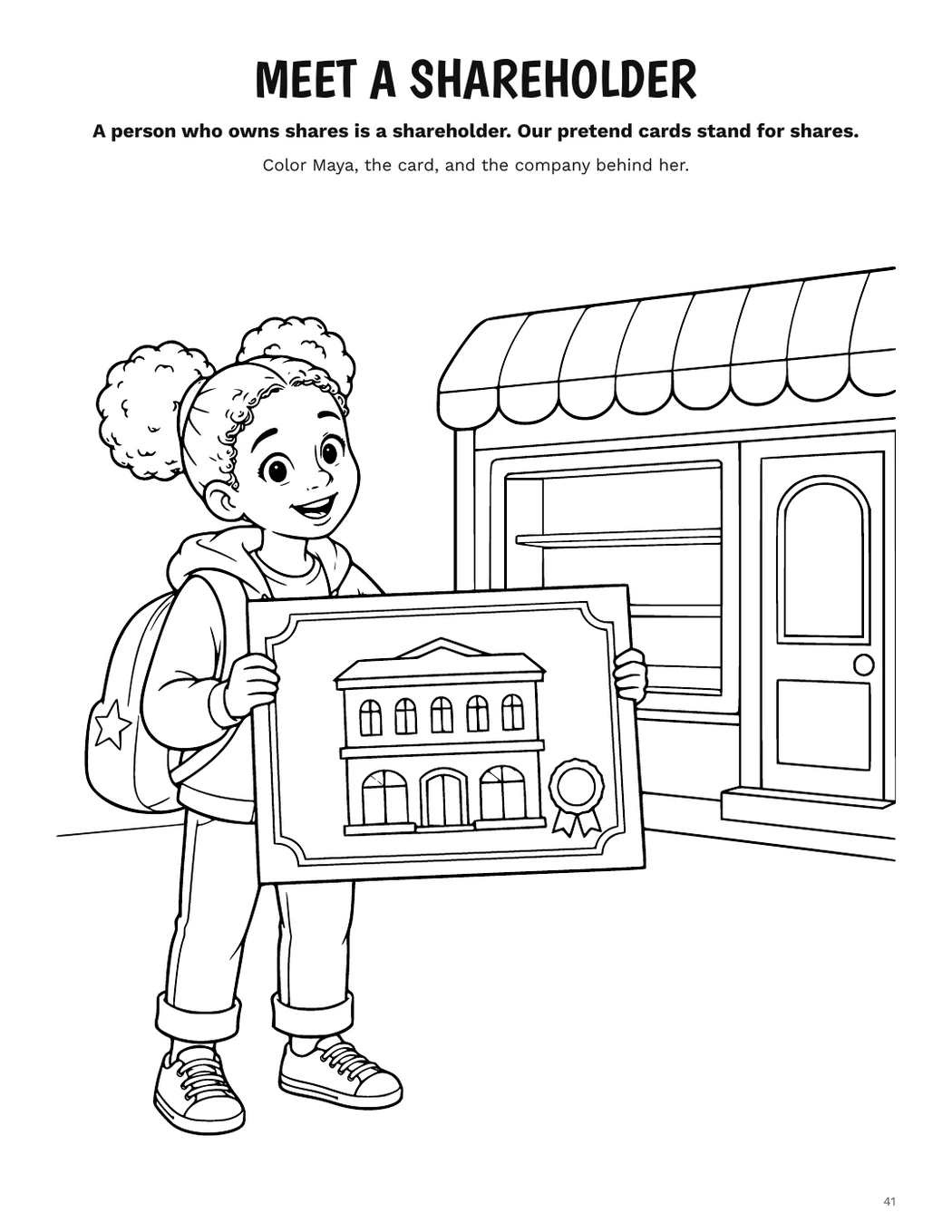 Coloring activity introducing the word shareholder
